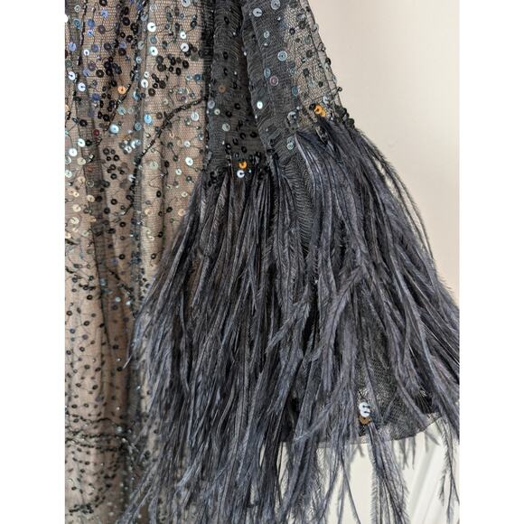 Teri Jon Rickie Freeman Sequin Overlay Formal Dress w/ Feathers Black 4 - Picture 4 of 14